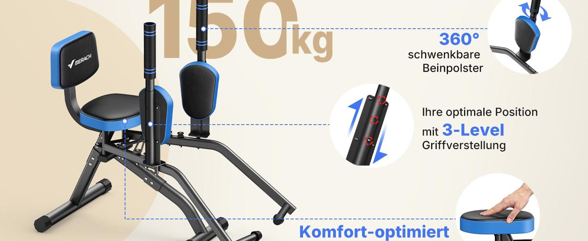 Hüftabduktor, 3-in-1 Heimtrainer für Brust, Po & Beine, Po-Trainer, Beintrainer, Hüfttrainer, bis zu 150 kg Merach