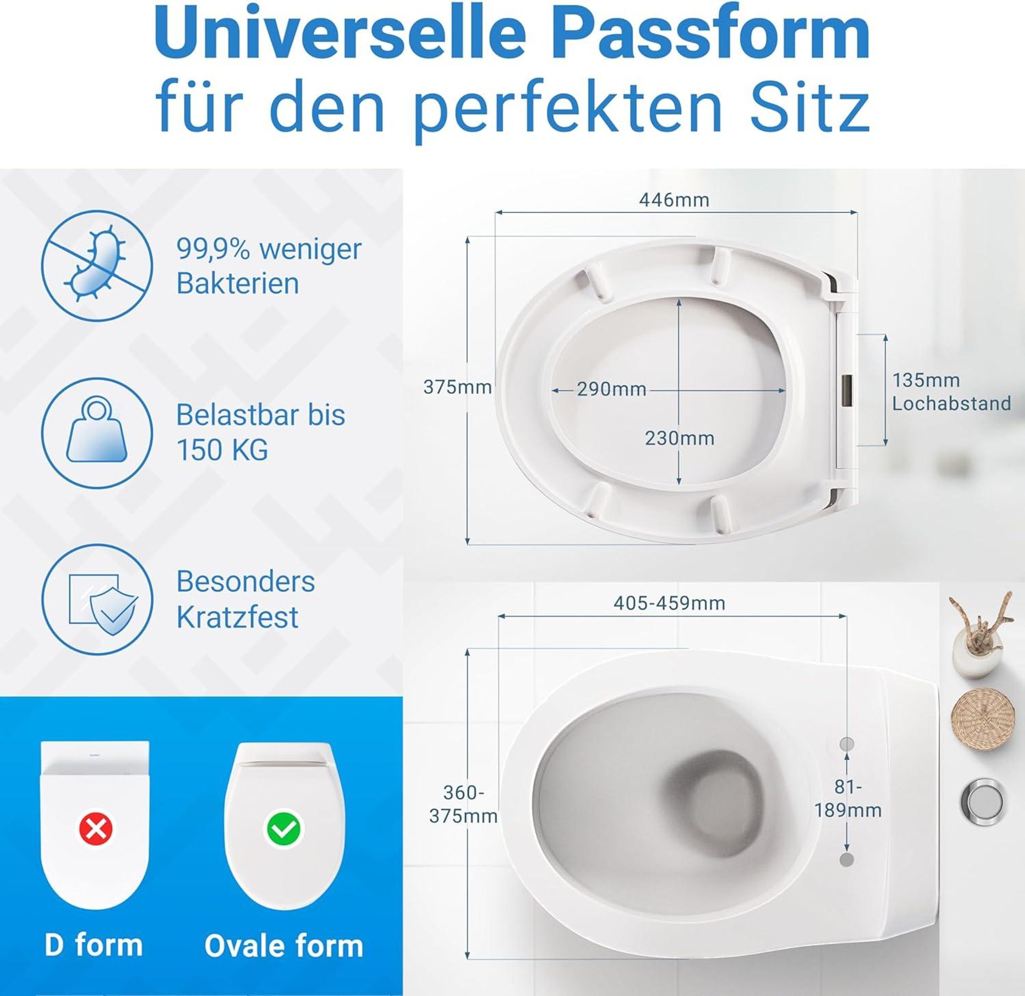 LOBENSWERK Toilettendeckel mit Absenkautomatik [Einfache Montage] antibakteriell - UV-beständig Quick-Release-Funktion Klodeckel, Klobrille, WC Sitz
