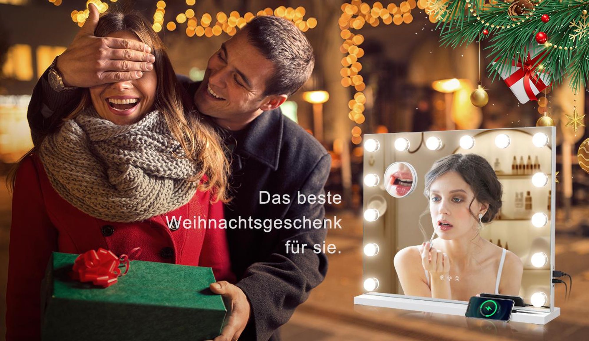 MULISOFT Hollywood Spiegel 58cm x 48cm mit Beleuchtung Leuchten-10X Vergrößerung, 3 Lichtmodus Kosmetikspiegel für Badzimmer Schminktisch, 14 LED Weiß