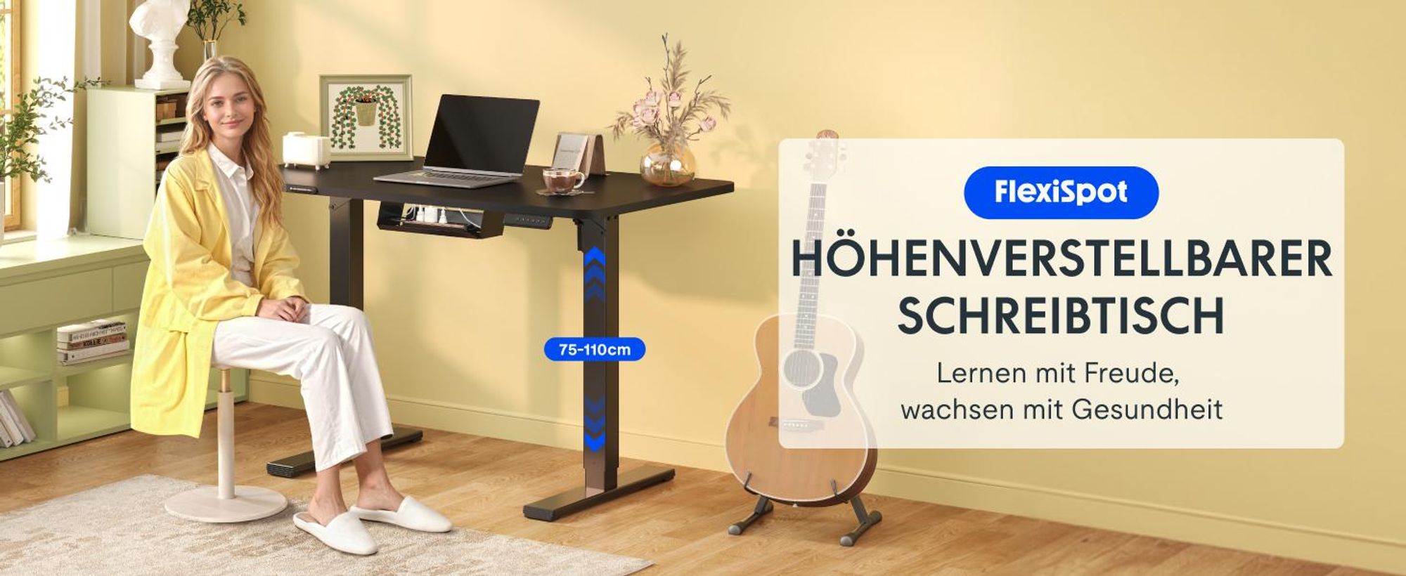 FLEXISPOT EN1 Höhenverstellbarer Schreibtisch 100x60cm elektrisch mit einteiliger Tischplatte, Kabelmanagement & Ablagefach, 4 Memory-Funktion Schwarz