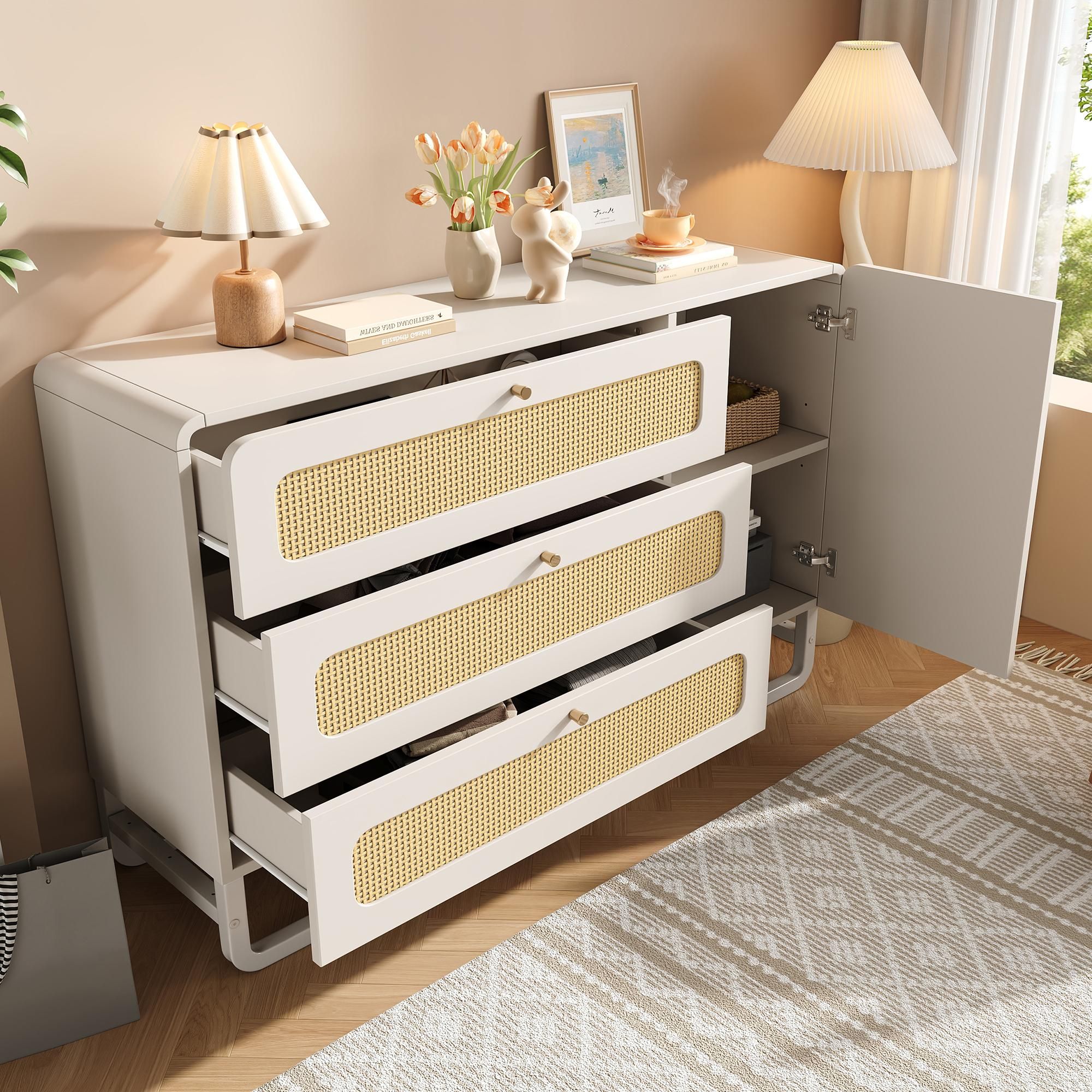 Flieks Kommode Wohnzimmerschrank Rattan mit 3 Schubladen und Tür, Sideboard Anrichte mit verstellbaren Einlegeböden, 120x40x85 cm, Weiß