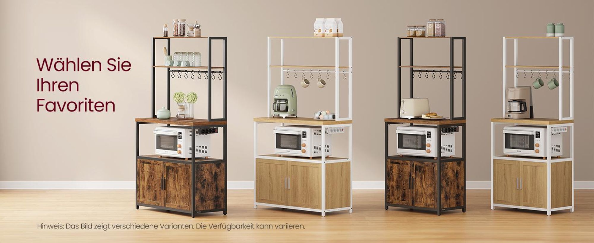 Küchenregal mit Steckdosen, Küchenschrank, 40 x 80 x 170 cm, Standregal mit 8 Haken, braun-schwarz