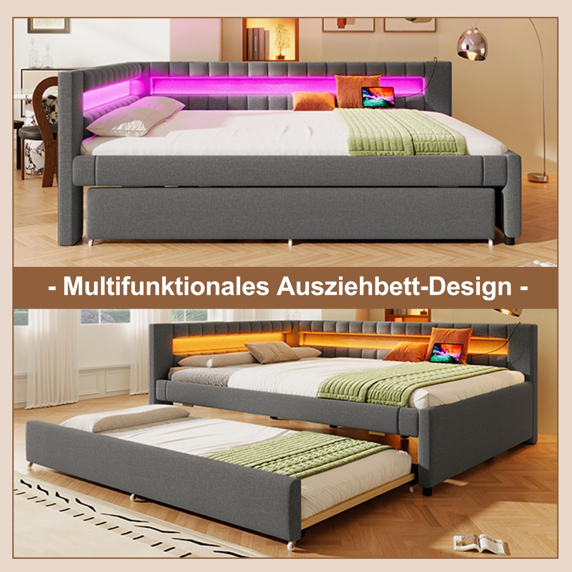 Merax Tagesbett Daybett 140x200 cm, mit Ausziehbett 90x190 cm, LED, USB und Type-C, Schlafsofa, Schlafsofa, Grau