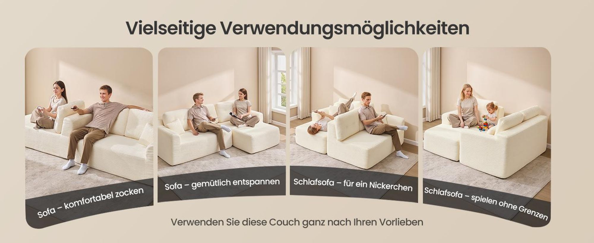 VASAGLE modulares Sofa 244 cm breit, vakuumverpackt, keine Montage erforderlich, mit großer Chaiselongue rechts