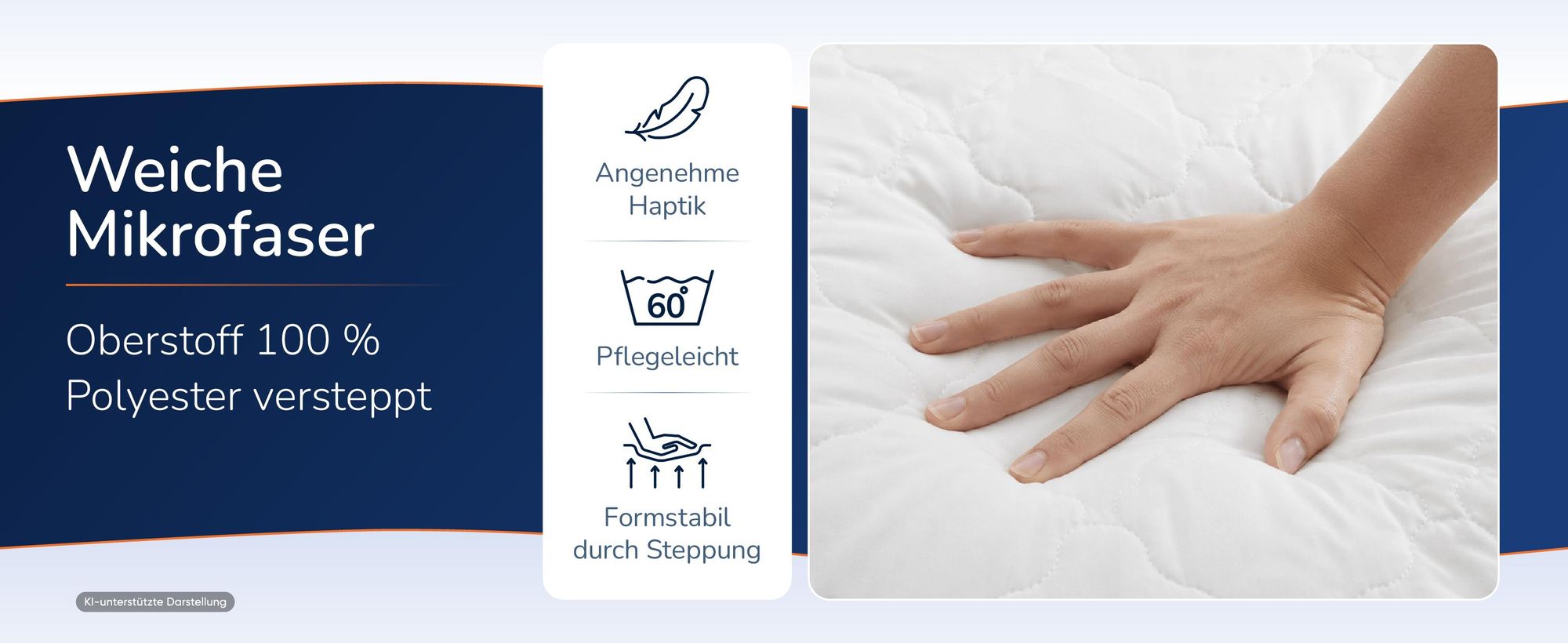 Hand auf dem gesteppten Mikrofaserstoff, daneben drei Eigenschaften