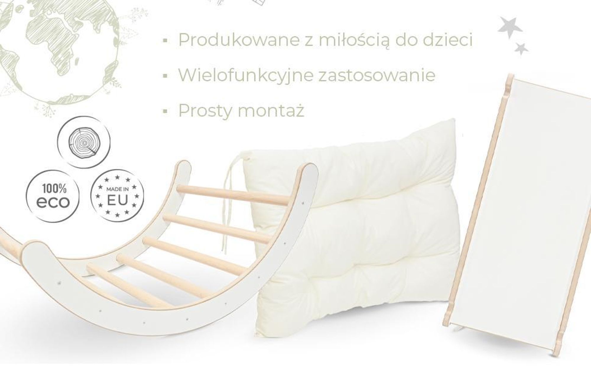 MAMOI® Zestaw Wspinaczkowy 4 w 1. Bujak + Zjeżdżalnia + Trójkąt + Poduszka, Zestaw Montessori z poduszkami, kryty plac zabaw dla dzieci 1-3 lat