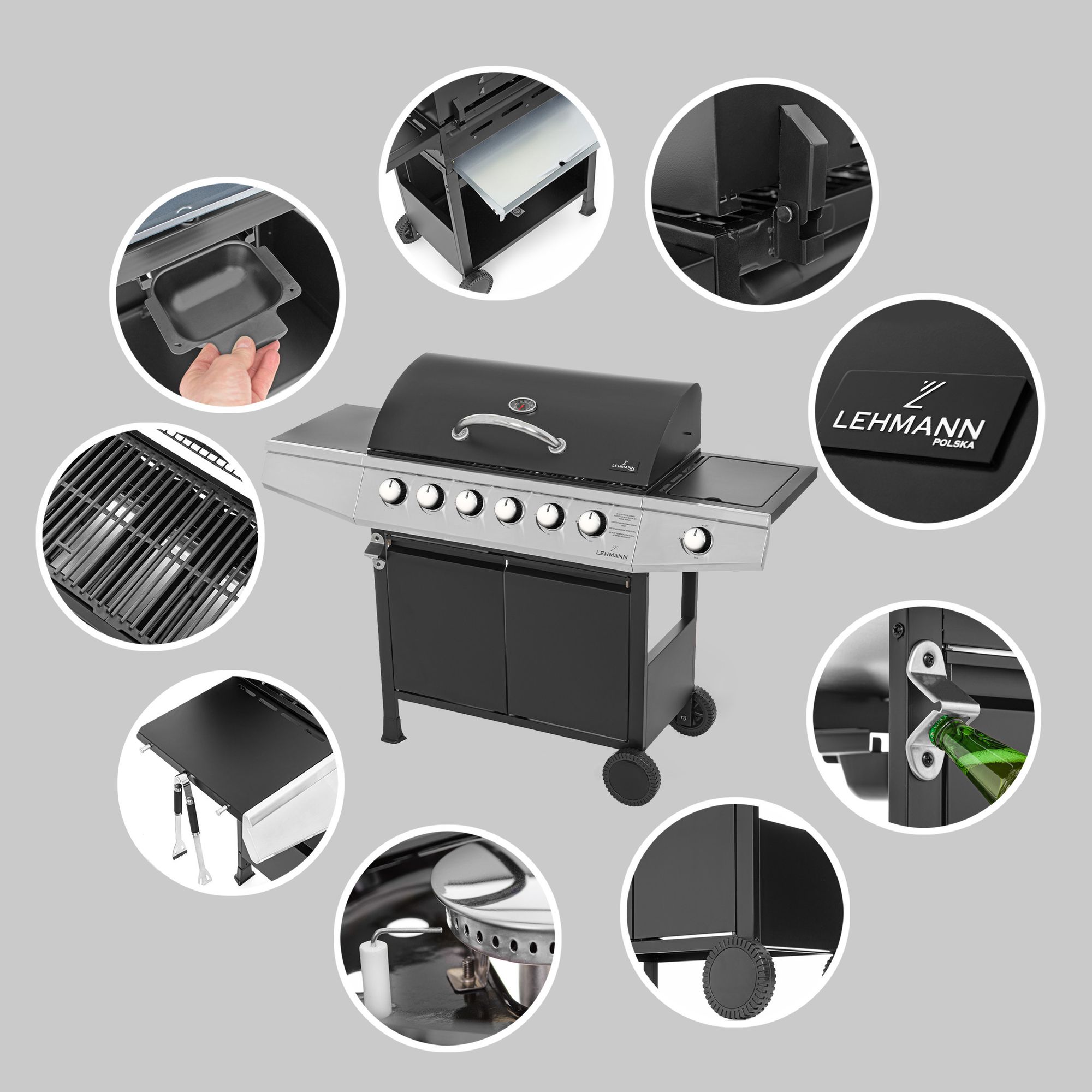 Grill gazowy XXL 6+1 LEHMANN VEGAS ŻELIWNY ruszt ogrodowy z pokrowcem