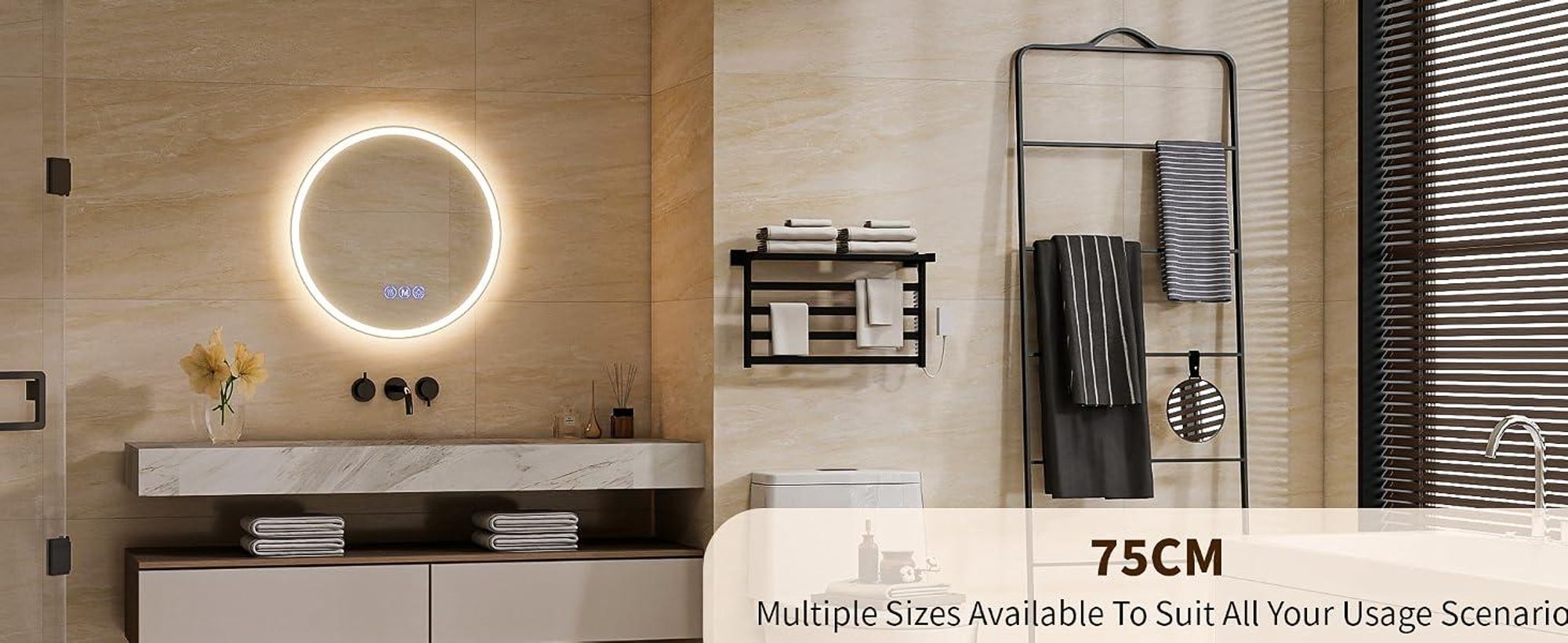 Koonmi runder LED Badspiegel 80 cm, dimmbar, Wandspiegel mit 3 Lichtfarben, Antibeschlagfunktion und bruchsicherem Glas für Badezimmer und Waschtisch