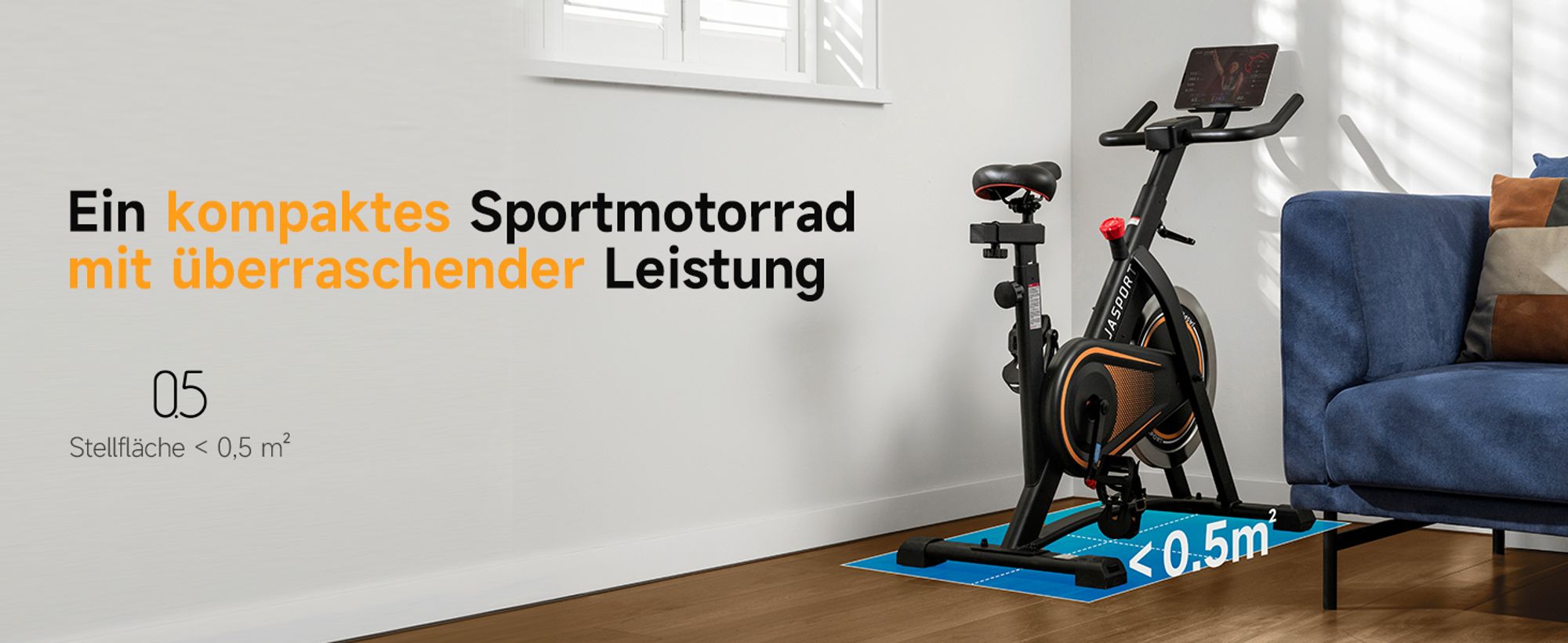 JASPORT A3 Leises Heimtrainer Fahrrad, LED-Monitor, Bluetooth & App, verstellbarer Sitz & Widerstand, Tablet-Halter, bis 120 kg, Fitnessbike Zuhause