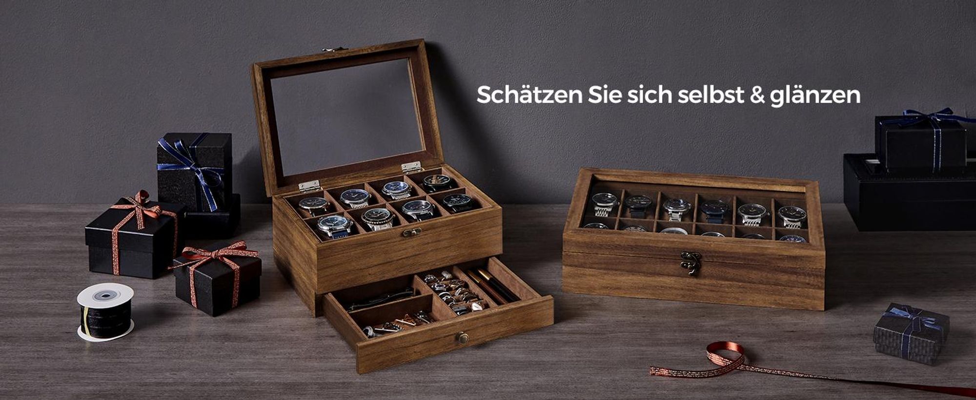 SONGMICS Uhrenbox Uhrenkasten, mit 8 Fächern, aus Massivholz, Glasdeckel