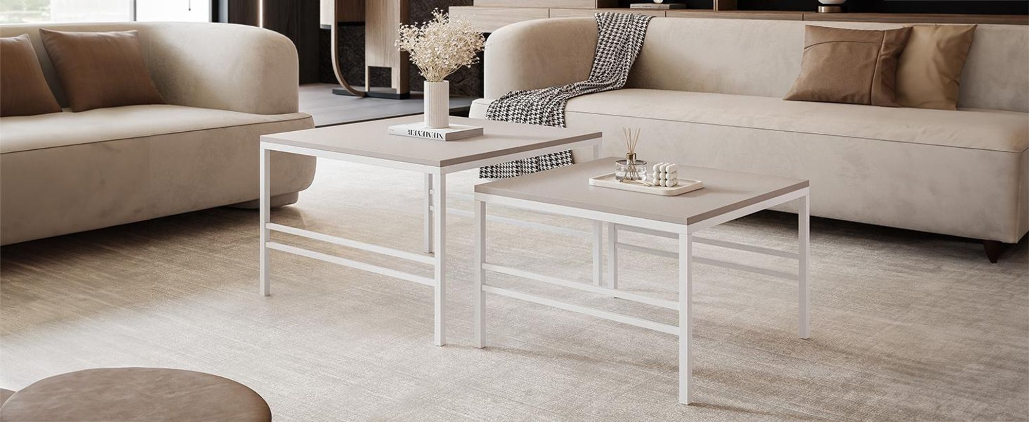 Idohome - Moderner Couchtisch FORMA 2in1 70/60 cm für das Wohnzimmer mit Metalgestell Kaffeetisch Wohnzimmertisch Sofatisch Weiß / Kaschmir