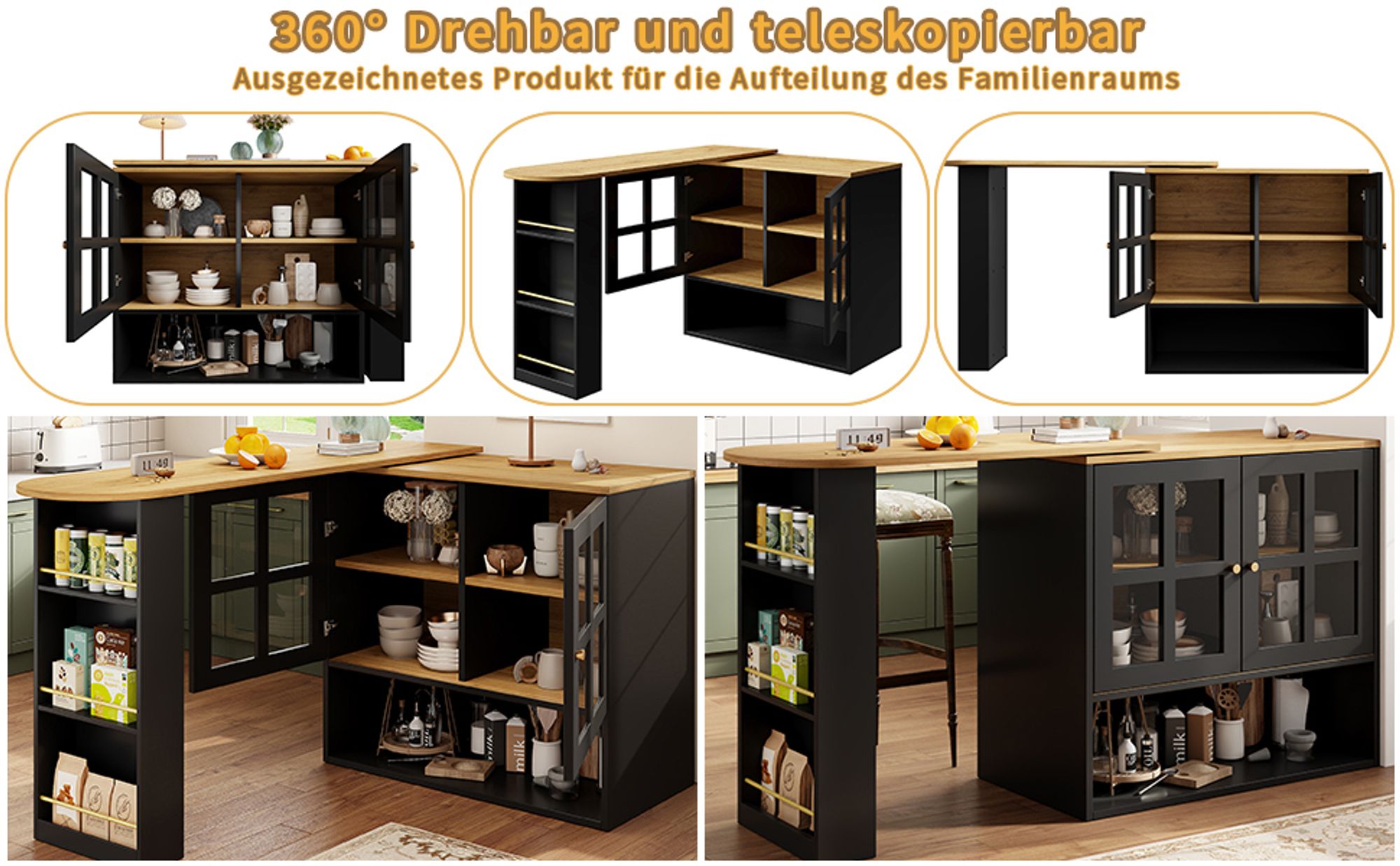 Flieks multifunktionaler Bartisch 360°drehbar, Stehtisch mit Sideboard, Küchentisch ausziehbar, Kaffeebar mit Schrank, Sideboard mit Glastür, schwarz