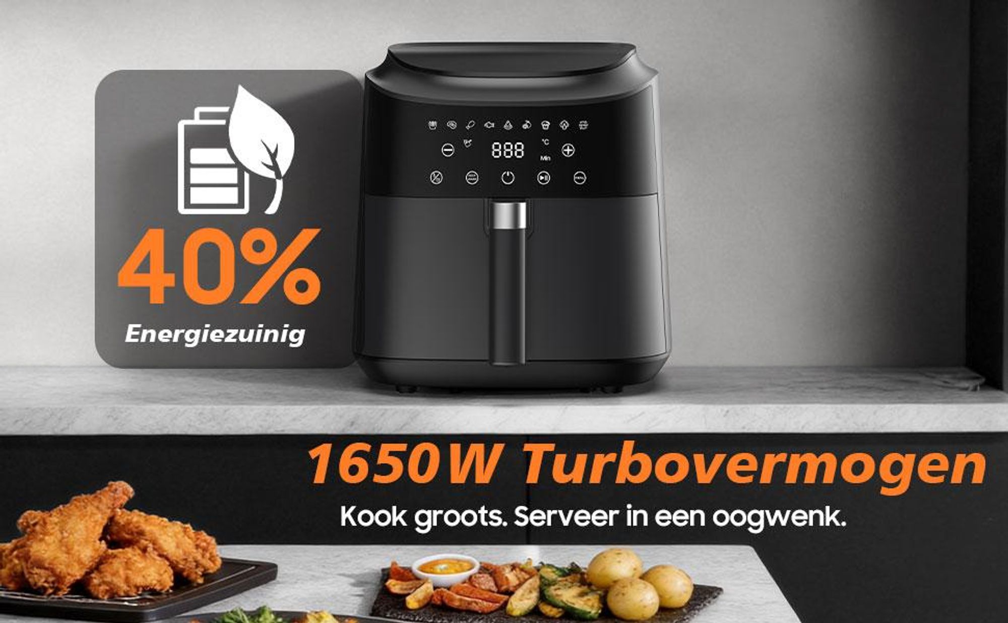 Heteluchtfriteuse, 6 liter, 9 kookprogramma's, temperatuurbereik 40–200 °C, warmhoudfunctie, antiaanbaklaagmandje vaatwasserbestendig