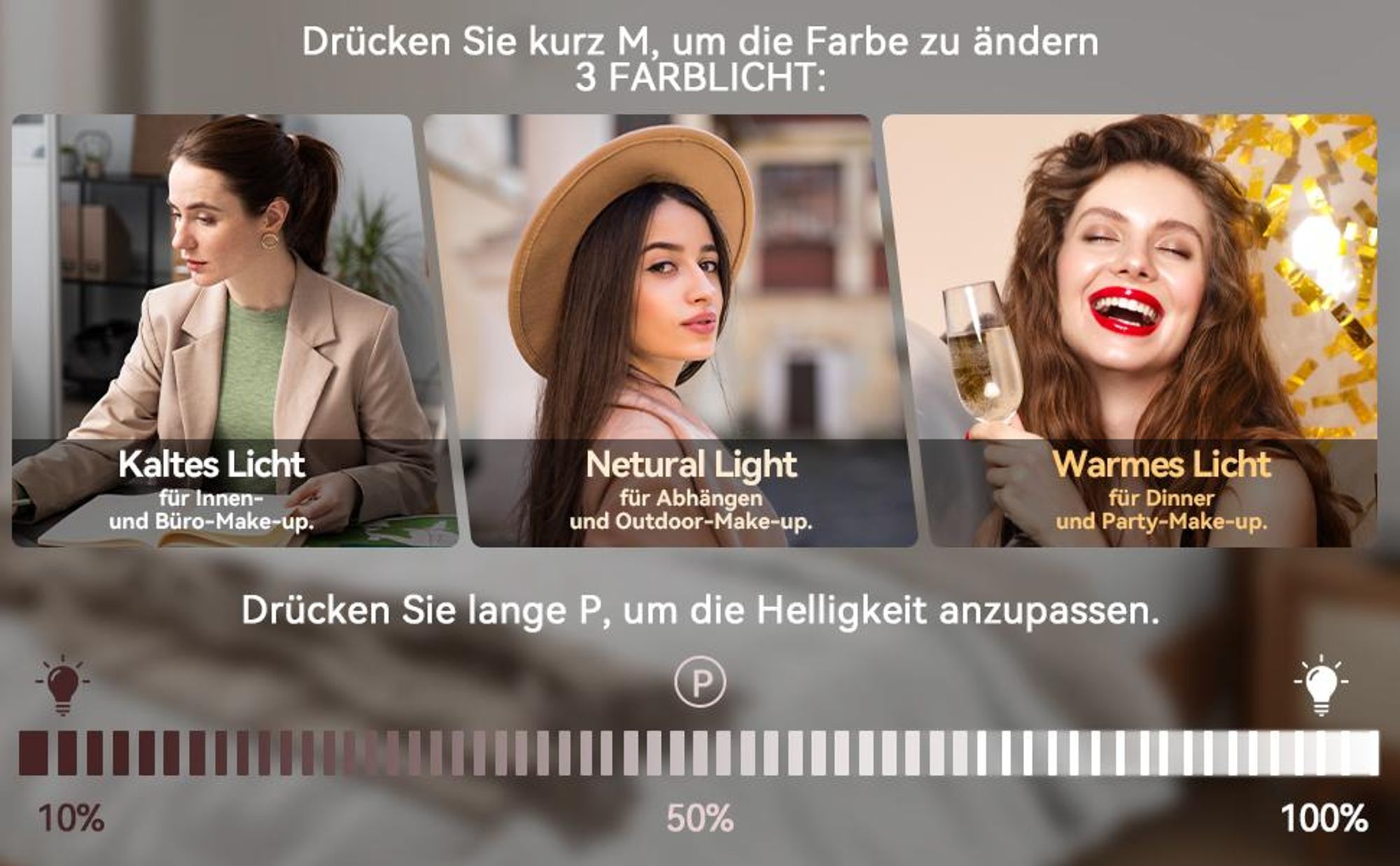 Puluomis Kosmetikspiegel Hollywood 15 LED 58x45cm 3 Farben Dimmbar Schminkspiegel mit Beleuchtung, USB,10x Vergrößen, Spiegel Wandspiegel weiß