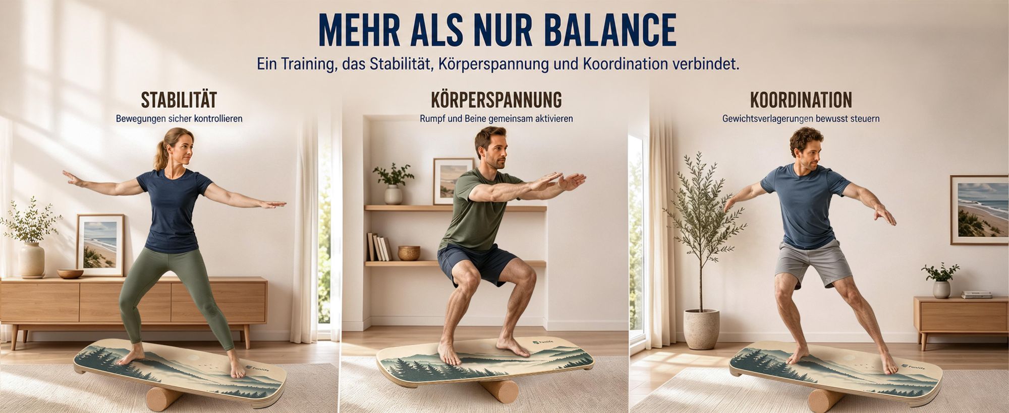 FunLife Balance Board mit Korkrolle – Balancetrainer aus Birkenholz – rutschhemmend – für Balance, Core Training, Fitness & Workout, MORNING MIST