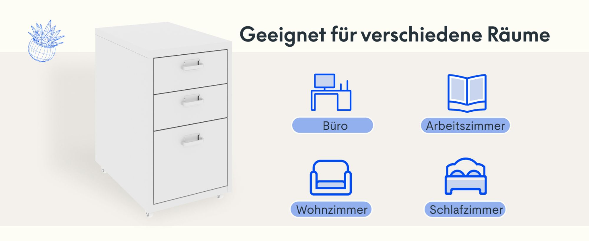 FLEXISPOT Rollcontainer Büroschrank mit 3 Schubladen, Aktenschrank Metallschrank Kommode mit Rädern, Unterschrank für Zuhause und Büro (Weiß)