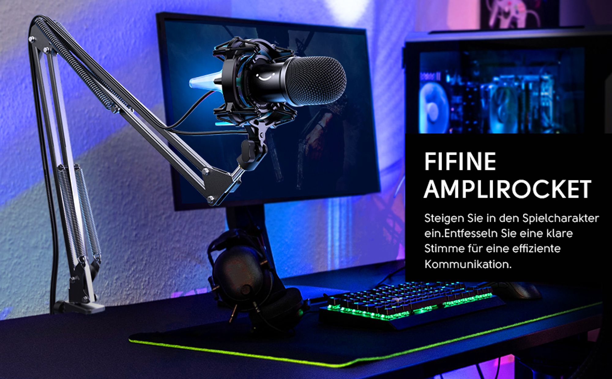 FIFINE Gaming Mikrofon PC mit Arm, Dynamisches USB Microphone für MAC PS4 PS5