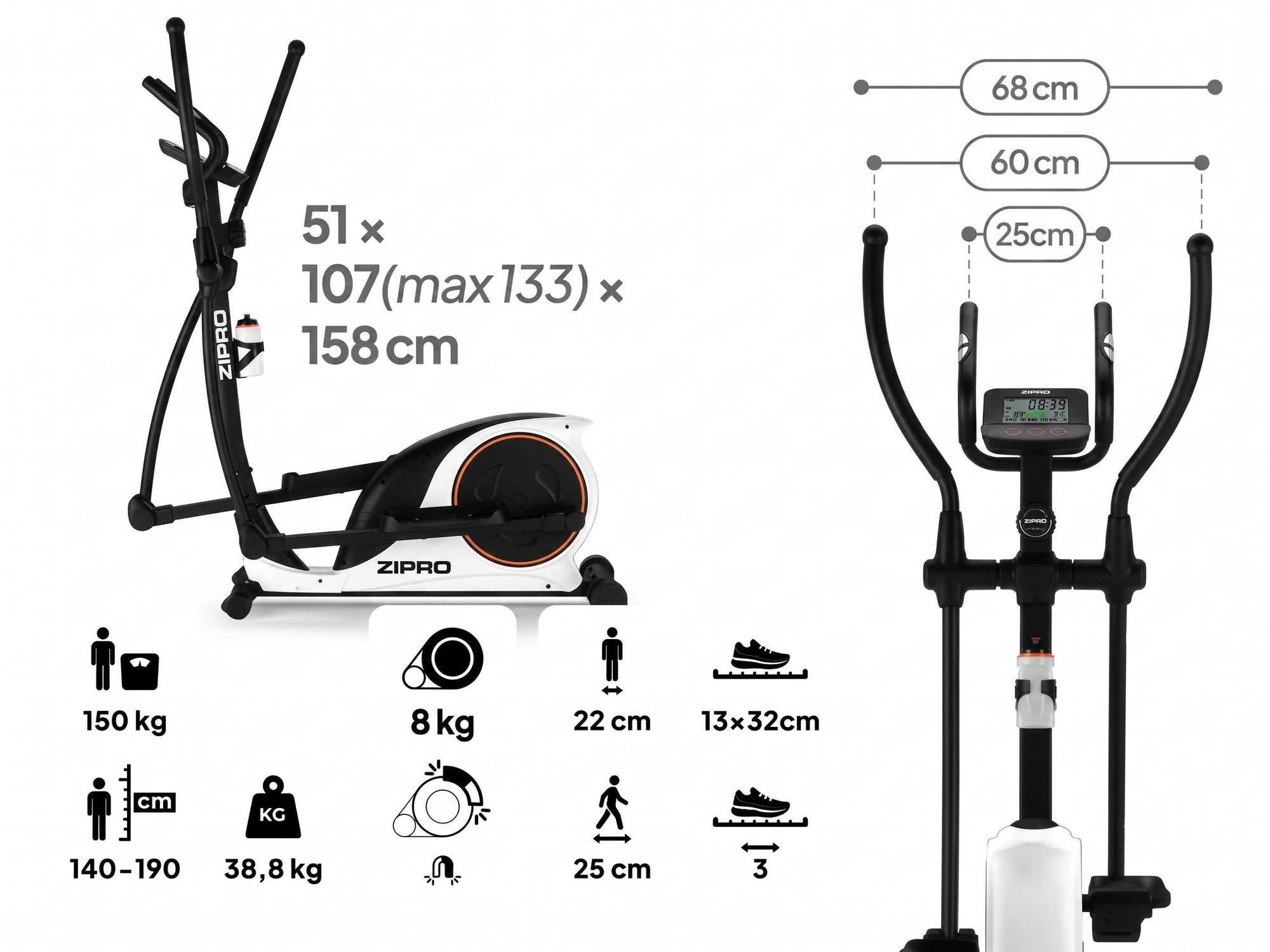 Zipro Hulk Vélo elliptique magnétique pour la maison jusqu'à 150 kg - 8 niveaux de résistance Vélo elliptique avec ordinateur mesure le pouls