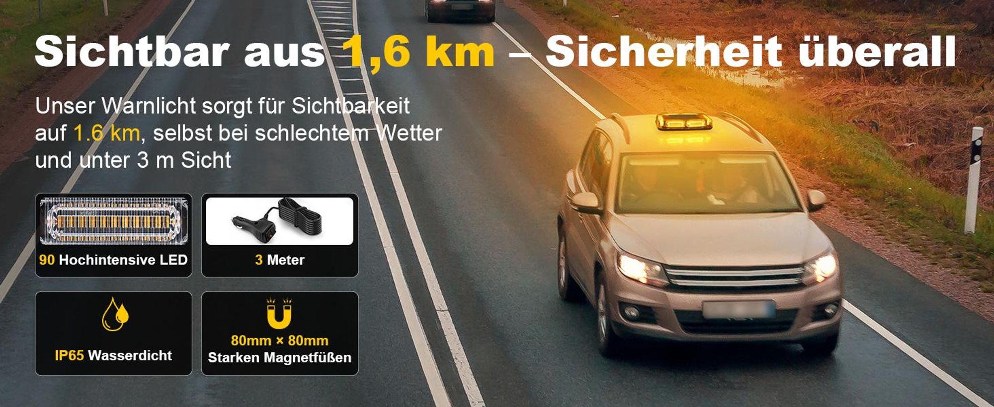 90 LED Rundumleuchte mit Magnetfuß, 12V/24V Warnleuchte, Gelb