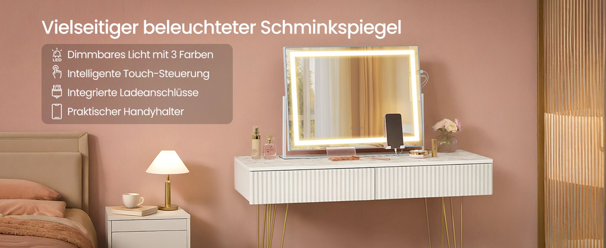 SONGMICS Schminkspiegel mit Beleuchtung, Kosmetikspiegel mit Ladeanschlüssen, Touch-Steuerung, 3 Lichtfarben