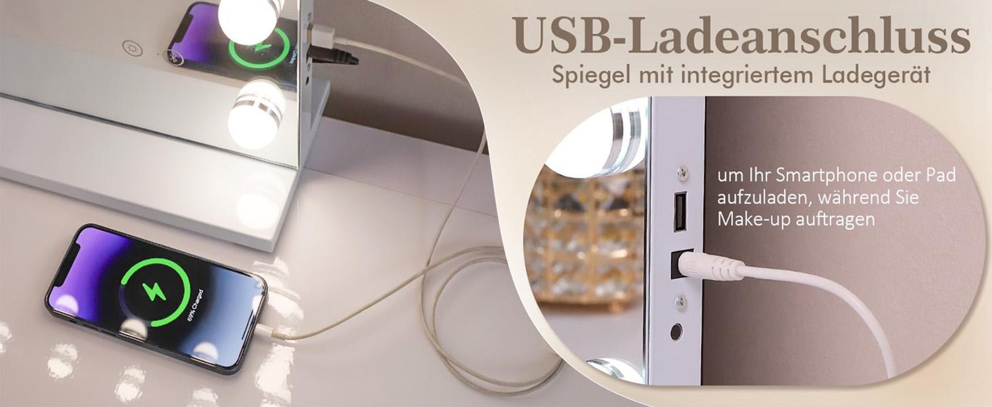 VANITII Hollywood Schminkspiegel 80cm x 58cm mit Beleuchtung 18 Dimmer Leuchten 3 Lichtmodus Bluetooth Kosmetikspiegel für Badzimmer Schminktisch Weiß
