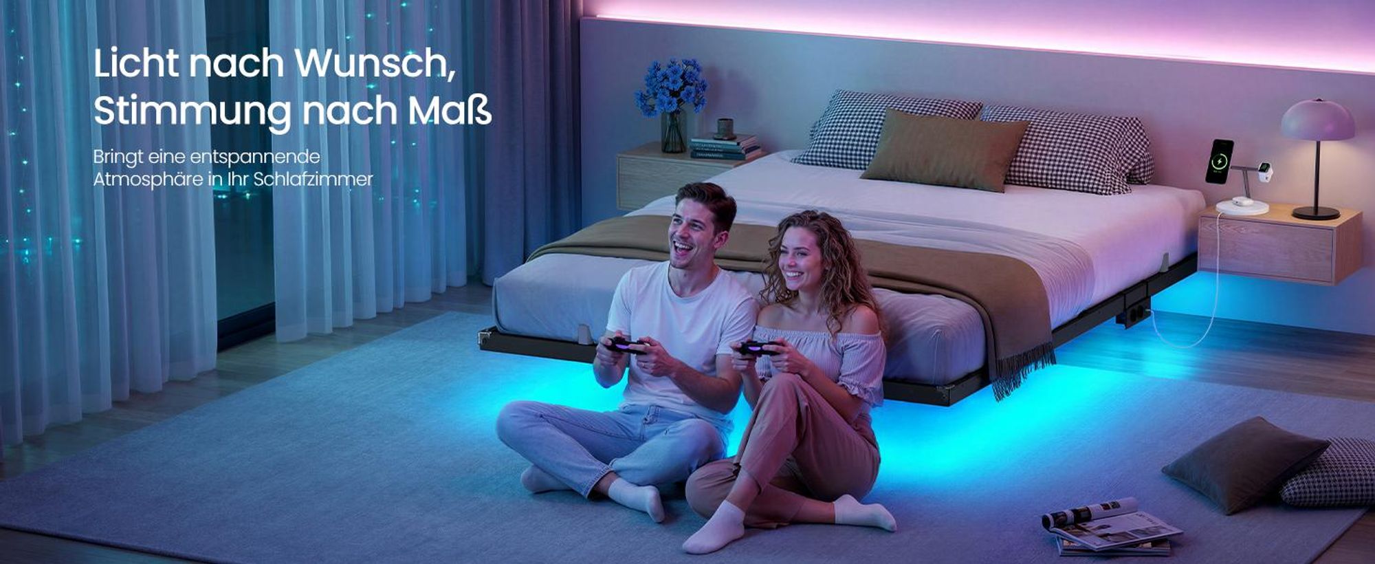VASAGLE Bettgestell 140 x 200 cm mit LED-Beleuchtung, USB-C-Anschluss, Steckdosenleiste, Schlafzimmer, trägt bis 500 kg, schwarz