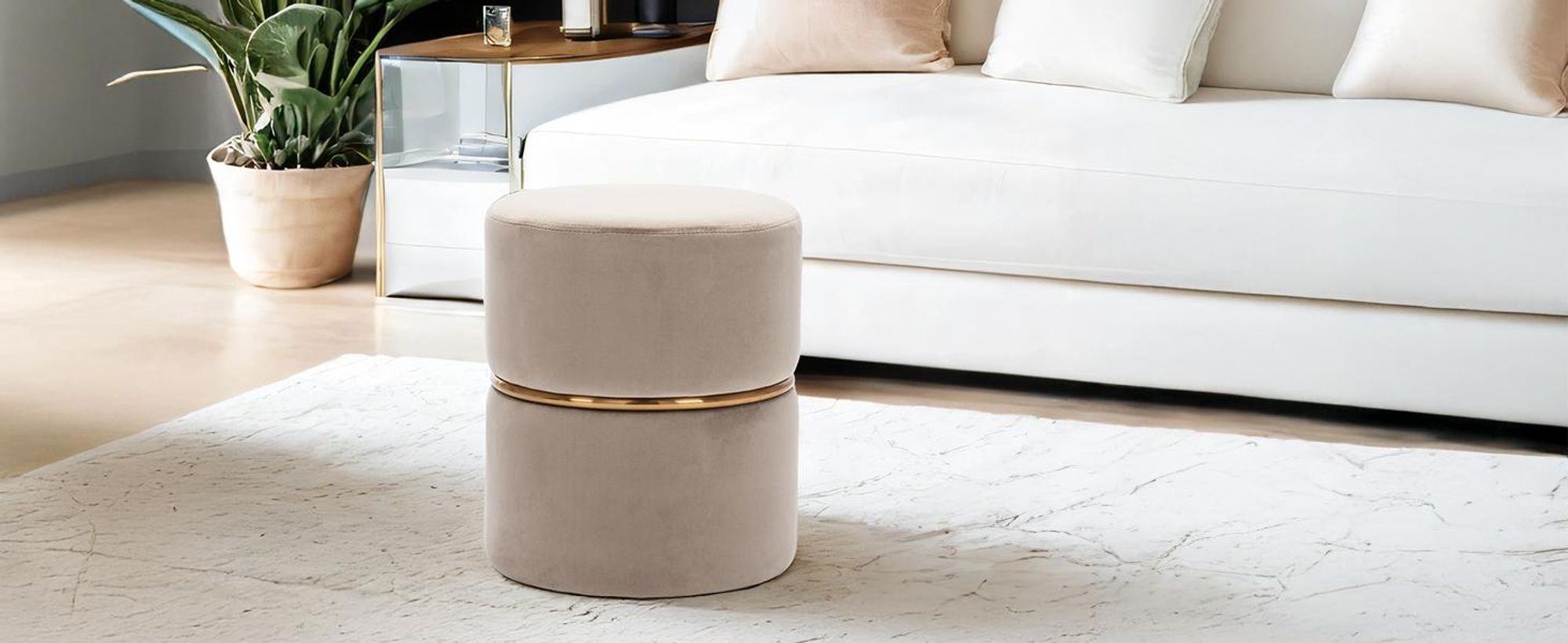 Duhome Samt Sitzhocker Gepolsterter Ottoman Rund Polsterhocker für Schlafzimmer Wohnzimmer Hauseingang Flur, Khaki