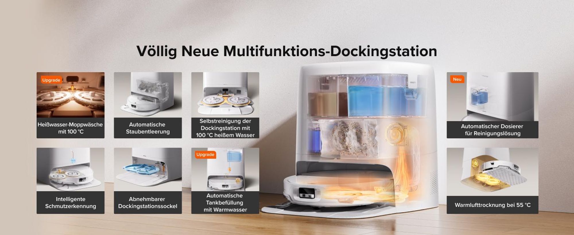Roborock Saros 20 Neo Set Saugroboter mit Wischfunktion, 36.000 Pa, Dual Zero-Tangle-System, FlexiArm Technologie 100°C Heißwasser-Moppwäsche, Weiß