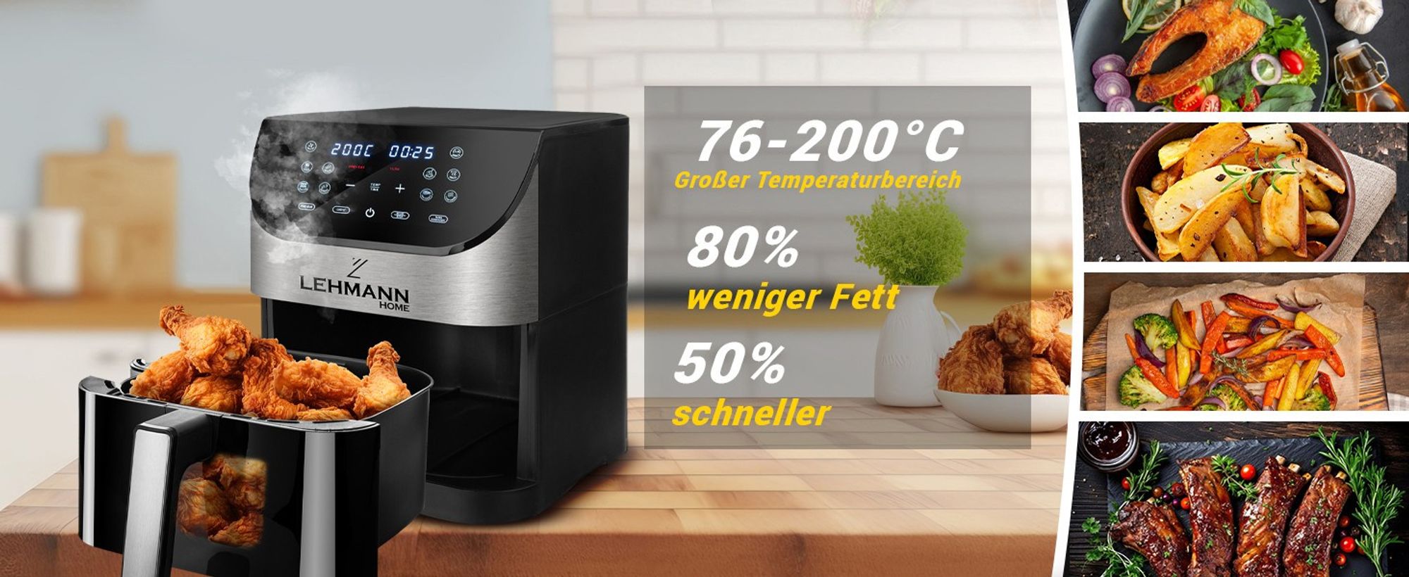 Lehmann 6L Heißluftfritteuse mit Sichtfenster, 1500 W Friteuse Heissluft mit 10 Programmen, ohne Öl, 76-200°C Airfryer, Timer und Touch-Display