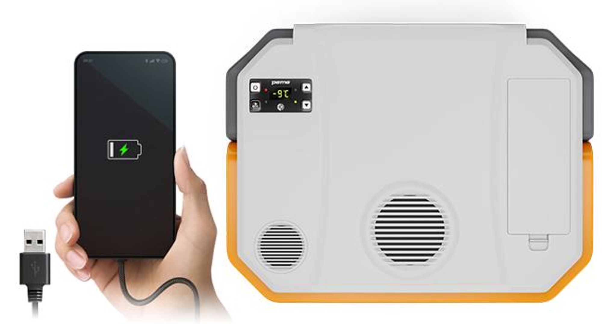 PEME Ice-on 33-litrowa lodówka elektryczna do chłodzenia i utrzymywania ciepła z głośnikiem Bluetooth, przenośna lodówka 12/230 V, złącze USB, tryb eco
