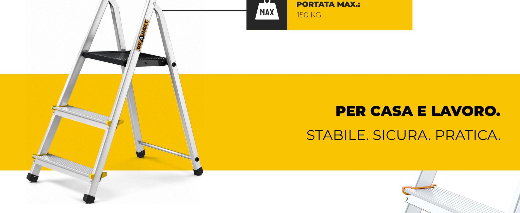 Drabest | Scala - Scala multiuso PRO - 3 gradini - Scaletta - Alluminio - Stabile e sicura - Con ganci - Portata 150 kg