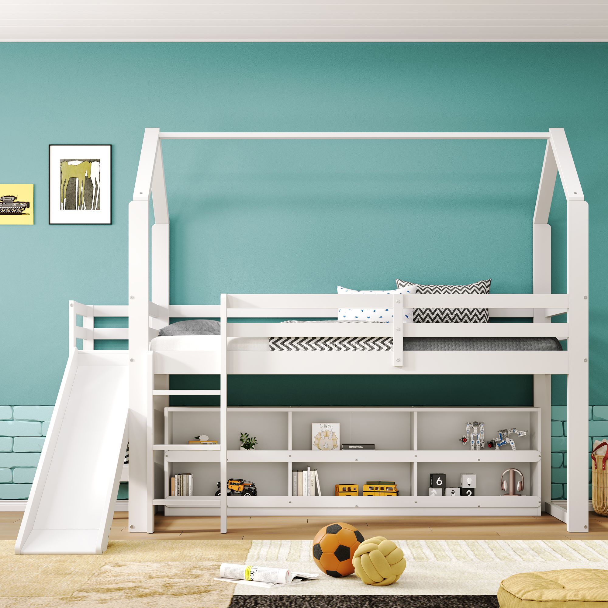 Flieks Etagenbett 90x200cm mit Schrank, Kinderbett Hausbett mit Rutsche, Hochbett Stockbett mit Rausfallschutz & Lattenrost, Holzbett Einzelbett, Weiß