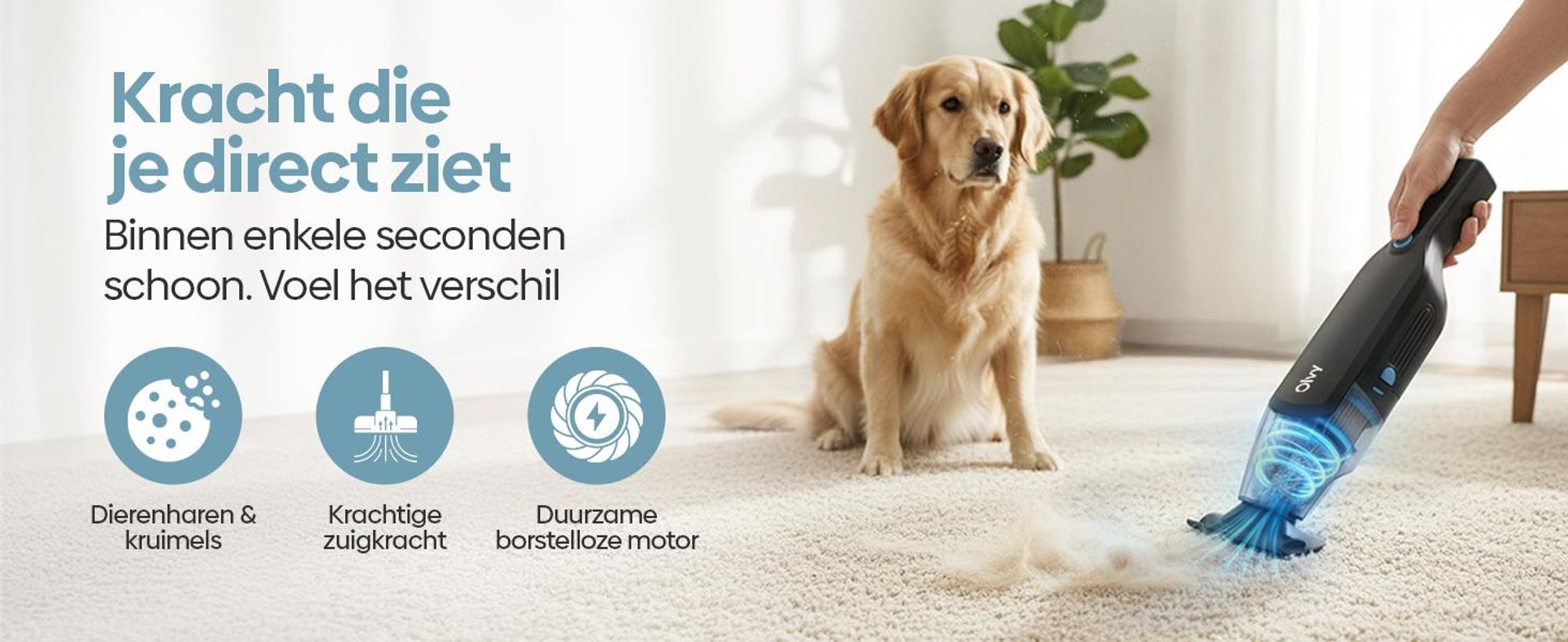 Olvy handstofzuiger, accuvoeding, zonder zak, mini stofzuiger met borstelloze motor, inclusief opzetstukken, ideaal voor auto, bank, meubels en dierenharen