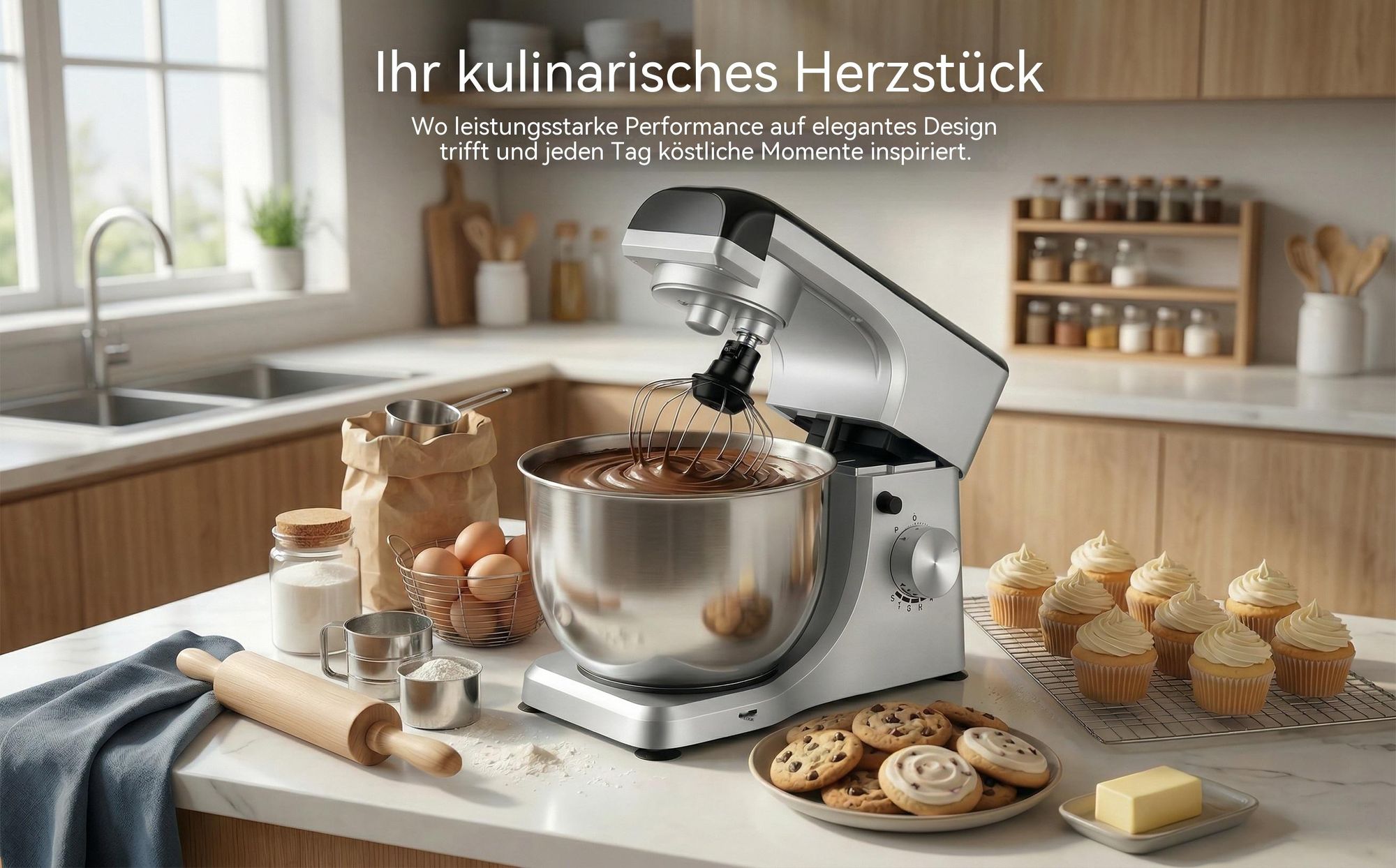Küchenmaschine mit 6L Edelstahl-Rührschüssel inkl. Rührhaken, Knethaken, Schneebesen und Spritzschutz, 8 Geschwindigkeiten