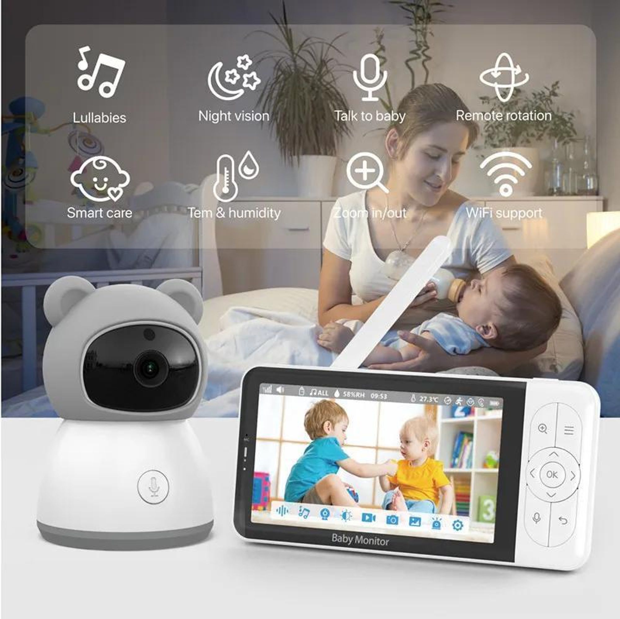 Tuya Smart – Drahtloses Video-Babyfon mit 5-Zoll-Display (1080p), Temperaturmessung, App-Steuerung, Baby-Nanny-Funktion und Zwei-Wege-Audio