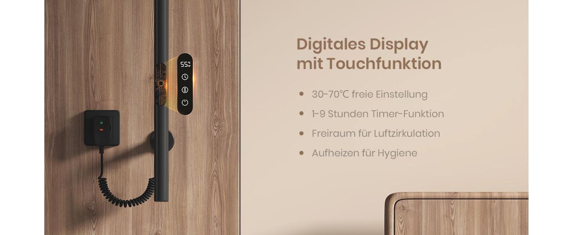 EMKE Elektrischer Handtuchheizkörper 100 W Schwarz, LCD-Display, Intelligentes Thermostat, WiFi/APP-Steuerung Timer Baum-Design handtuchwärmer 150cm