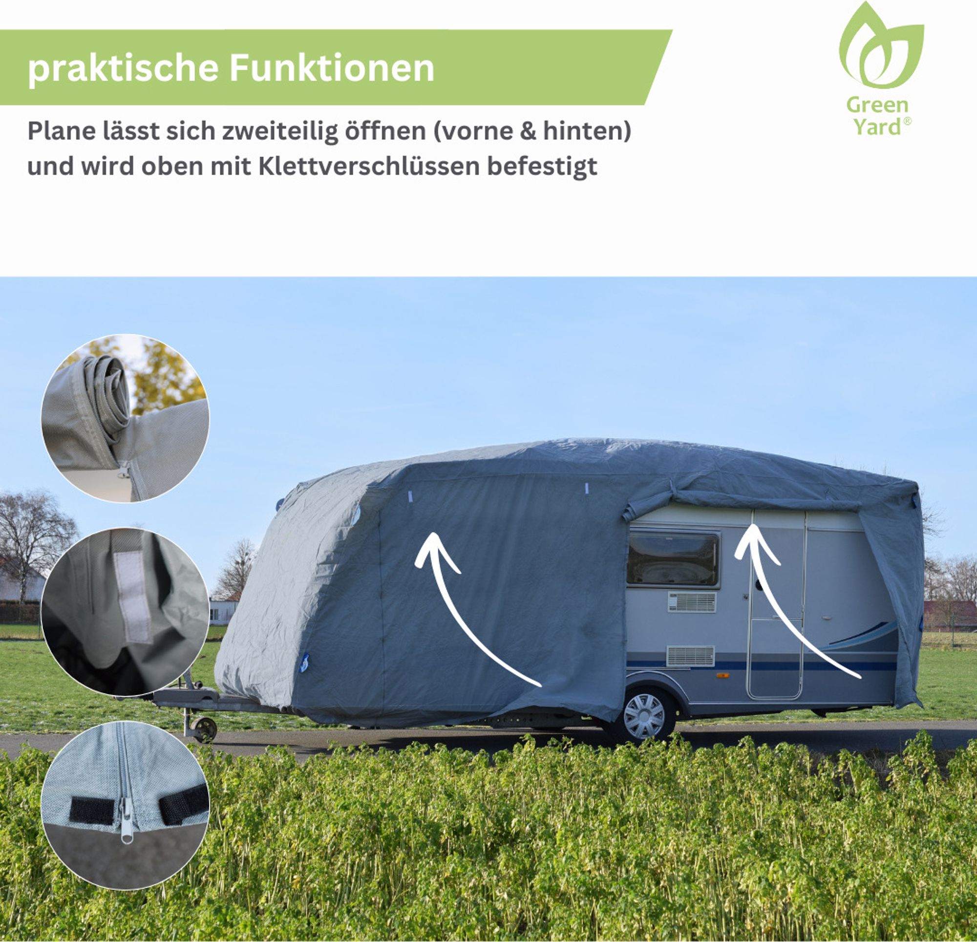 GreenYard Abdeckplane für Wohnwagen oder Wohnmobile Größe S, 460 x 250 x 220 cm