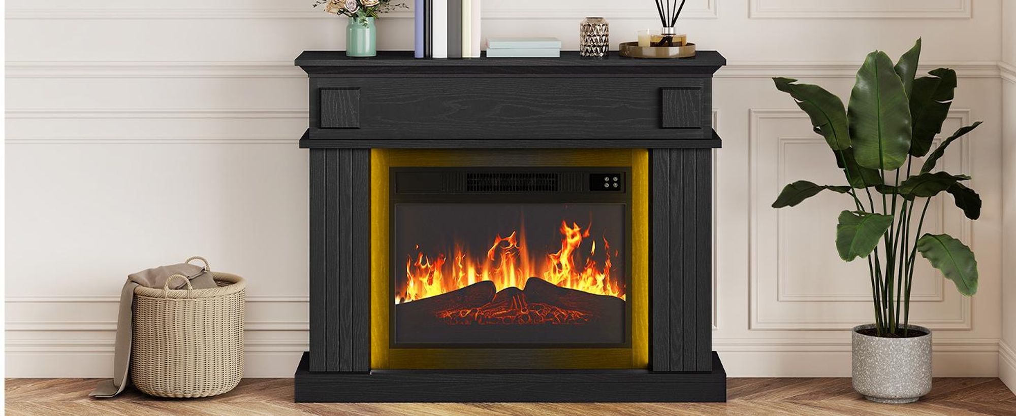 Elektrokamin 2000W Elektrischer Kamin bis 30 m², mit 3D-Flammeneffekt, 24-Farben-LED Dekokamin, 100 x 26 x 80 cm, Schwarz