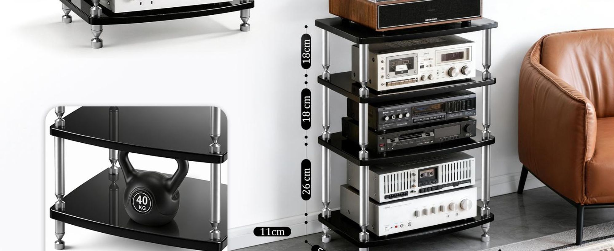 4 Etagen HiFi-Rack AV-Regal Medienregal mit Verstellbaren Fächern Phonoschrank TV-Ständer Lautsprecher-Rack für Plattenspieler Verstärker HiFi-Geräte