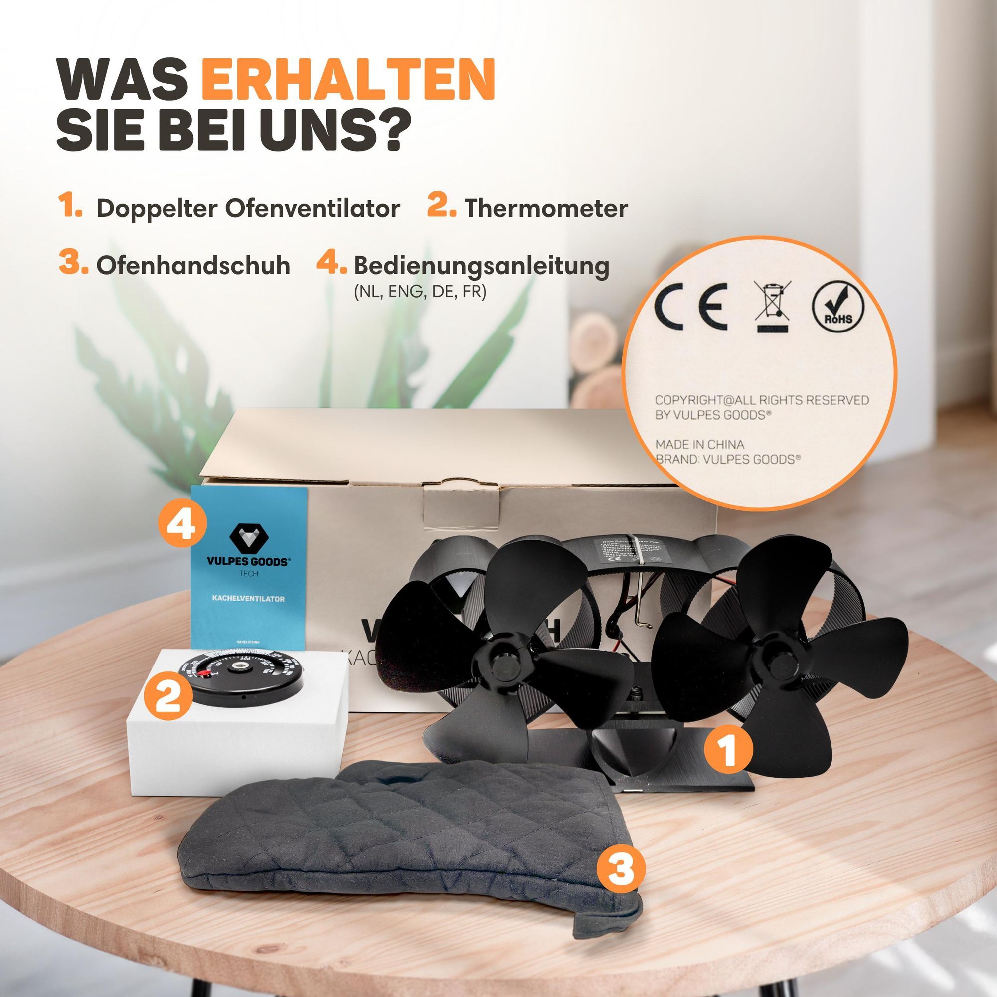 Vulpes Goods Heizungsventilator | Ventilator für Holzofen In freistehendem Design | Kaminventilator - schnelleres Aufheizen des Raumes / Blätter