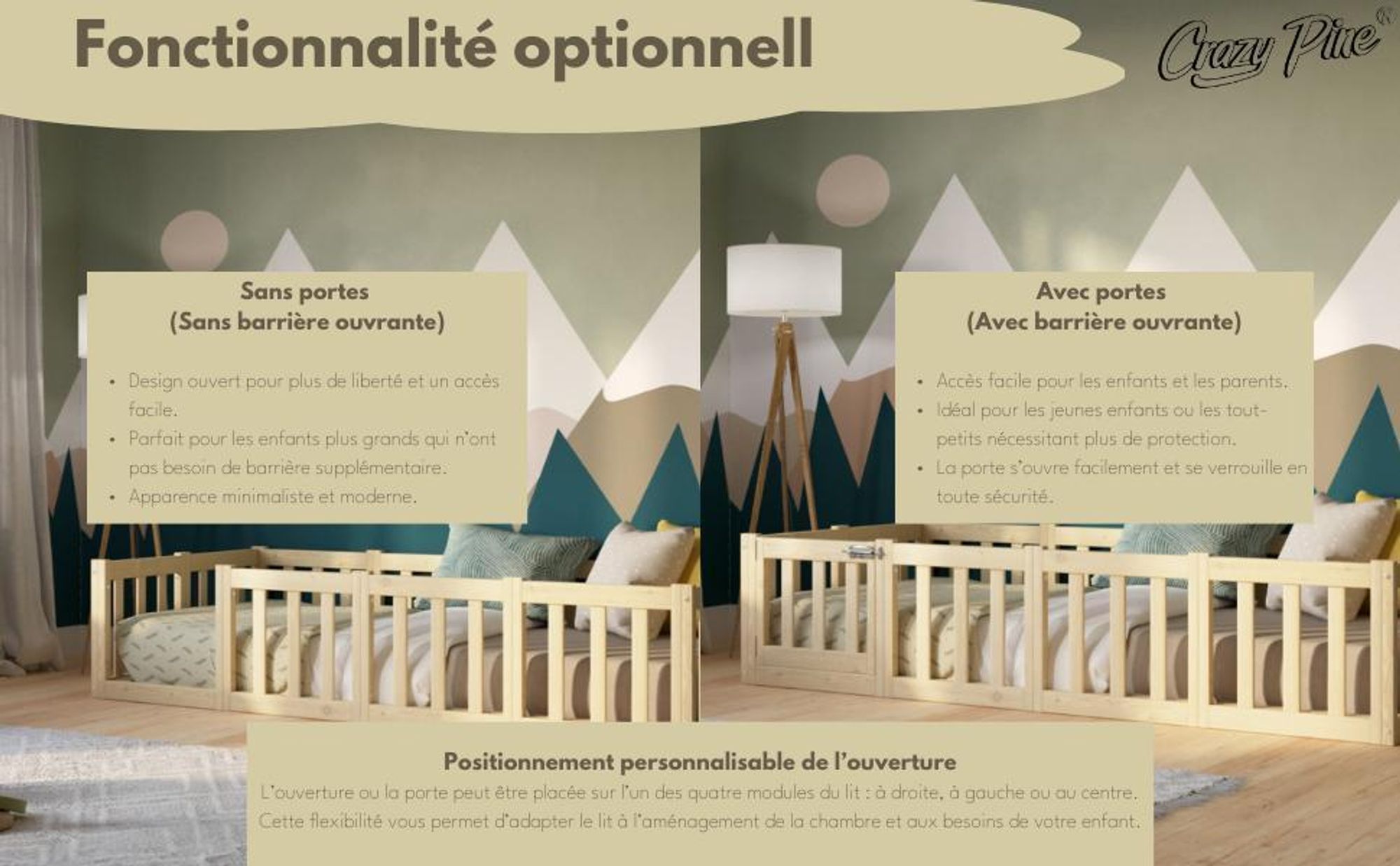 Crazy Pine Lit d'enfant 140x200 cm - Blanc - Lit au sol Montessori avec protection antichute 40cm et barrière ouvrable - Crazy Johnny