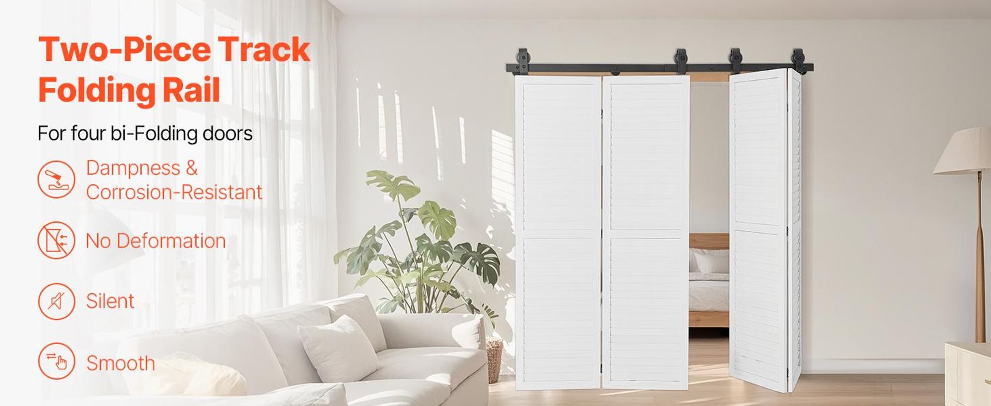 VEVOR Bi-Folding Schiebetürbeschläge Schienenkit, 60" Obermontageschienenkit, Gleitet Sanft & Leise, Schwerlast, Einfach Zu Installieren, Geeignet Für Vier 14" Schrank Vorratsraum Wäschetüren (Nicht Enthalten), 2-Section Track-b, Einzelgleis Vier Türen-a