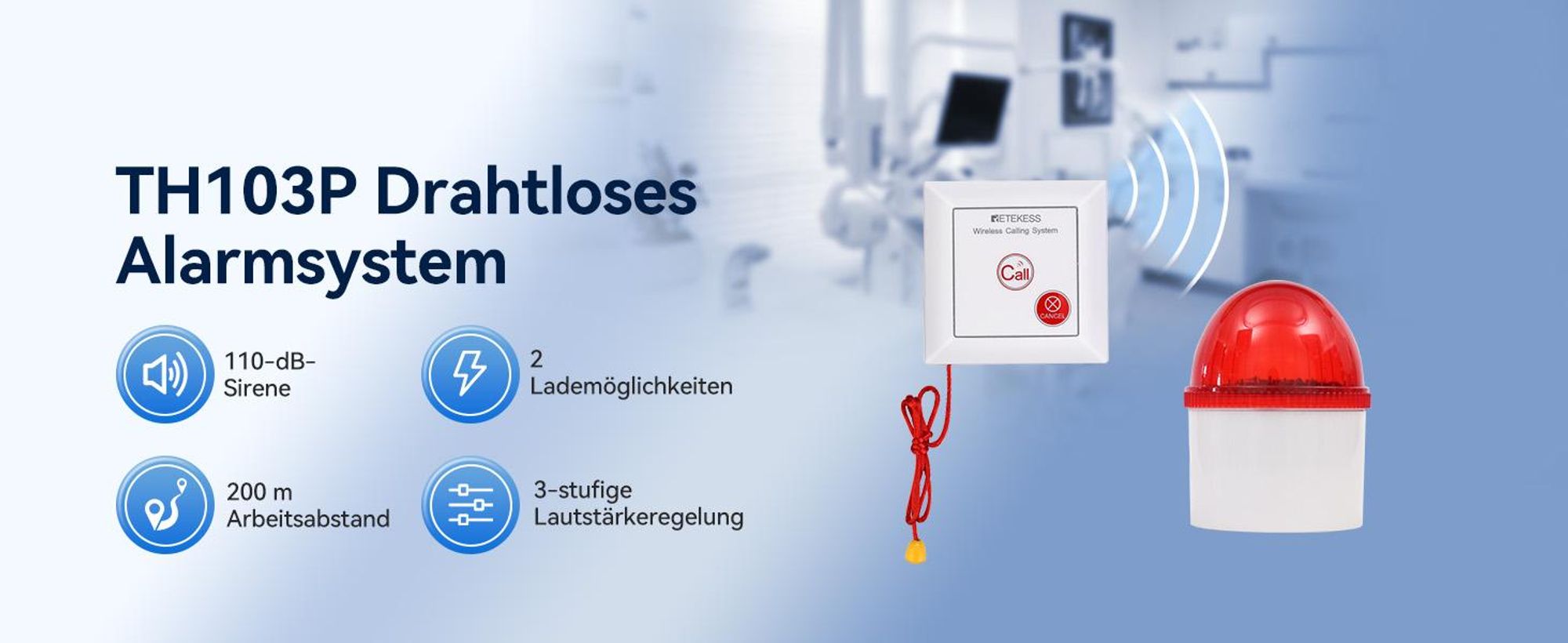 Retekess TH103P Alarm System,Notrufsystem, 110 dB Lärm,Anrufsystem mit Zugseil,IP54 Wasserdicht, 200 m Reichweite, Geeignet für Senioren, Patienten