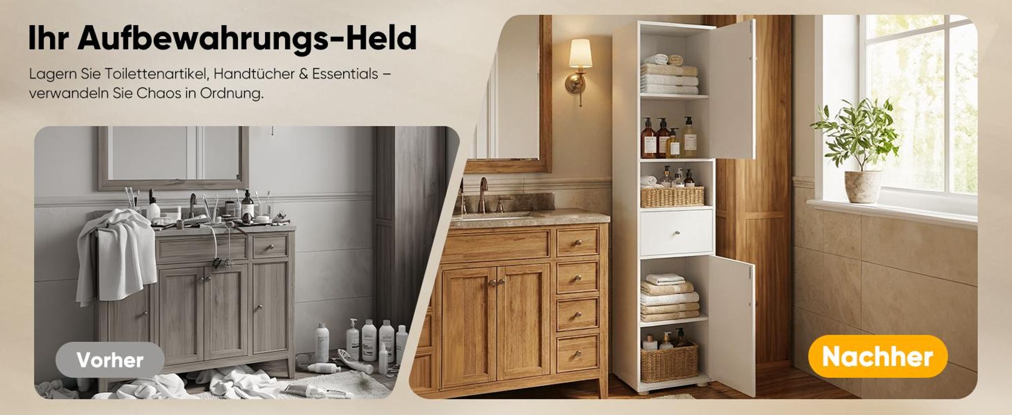 HOKEEPER Badezimmerschrank Weiß Schmal – Beistellschrank mit Schublade & offenem Fach – Freistehender Hochschrank für Badezimmer, Wohnzimmer