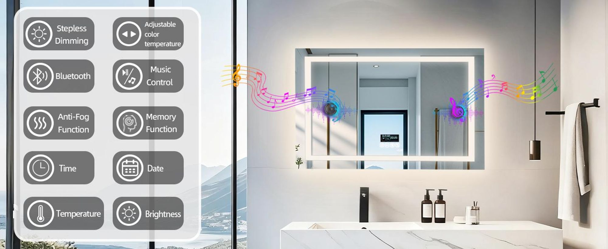 WISFOR LED Badspiegel mit Bluetooth Lautsprecher, 100x70cm Badezimmerspiegel mit Beleuchtung 3 Lichtfarbe, LED Wandspiegel dimmbar beschlagfrei