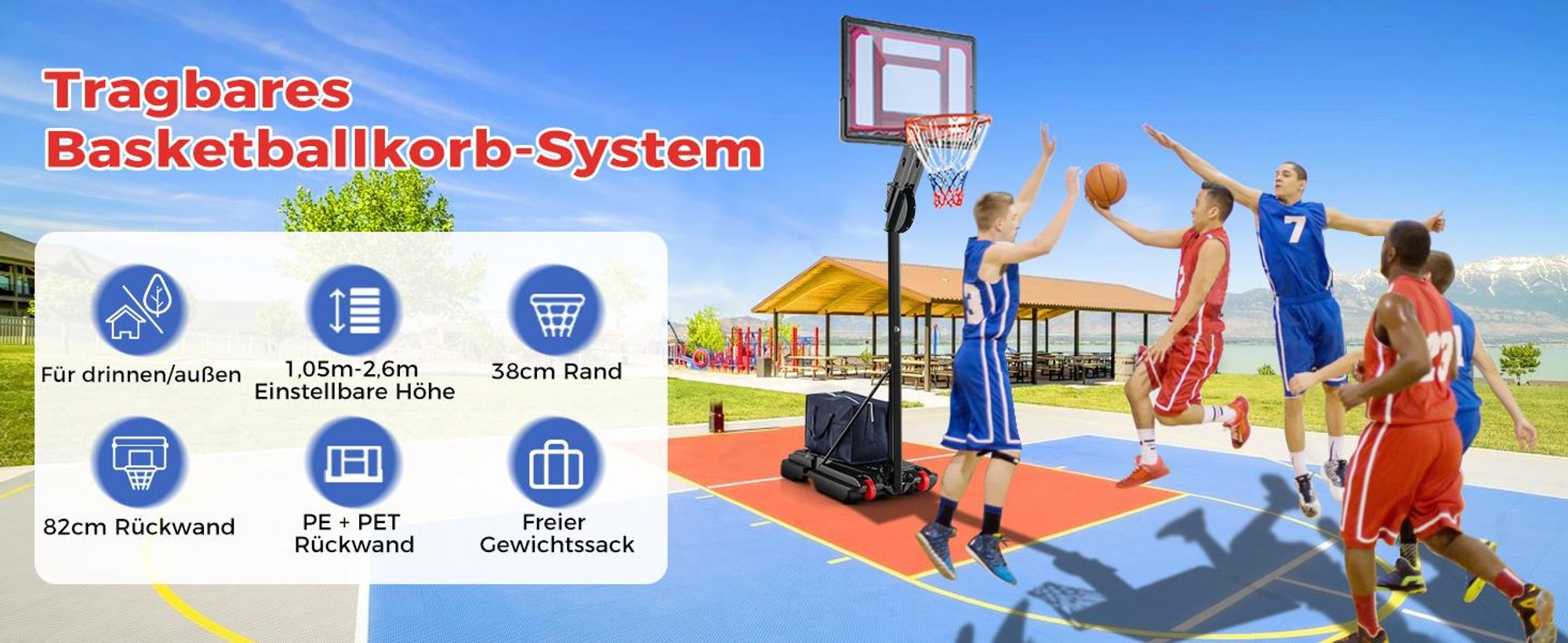 COSTWAY Basketballständer 228-265 cm höhenverstellbar, Basketballkorb mit Ständer & 2 Rädern, Korbanlage für Kinder, Erwachsene, mobiles Basketballanlage Indoor Outdoor