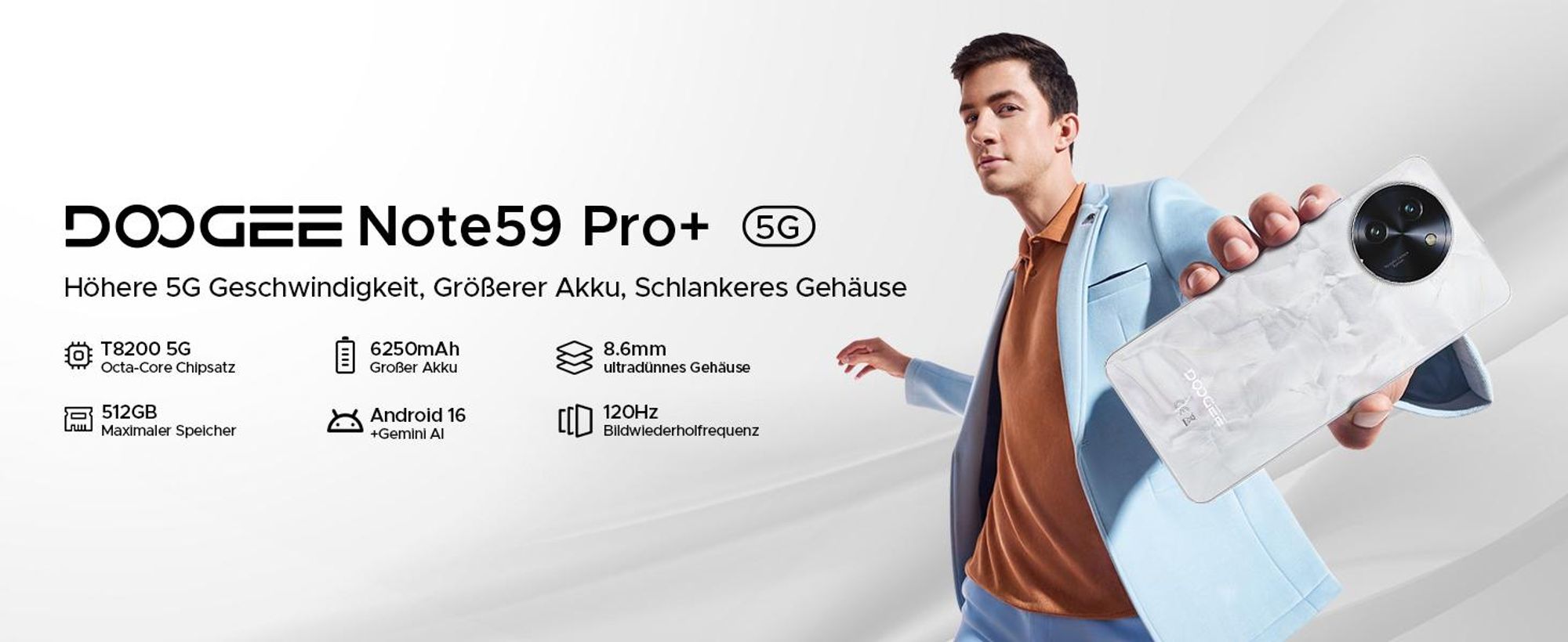 DOOGEE Note59 Pro+ Smartphone Handy, 5G, Android 16, 6,75" 120Hz, 6250mAh, 36+512GB, 50MP, 18W, Octa-Core, NFC, Fingerabdruck, Dual-SIM, ohne Vertrag