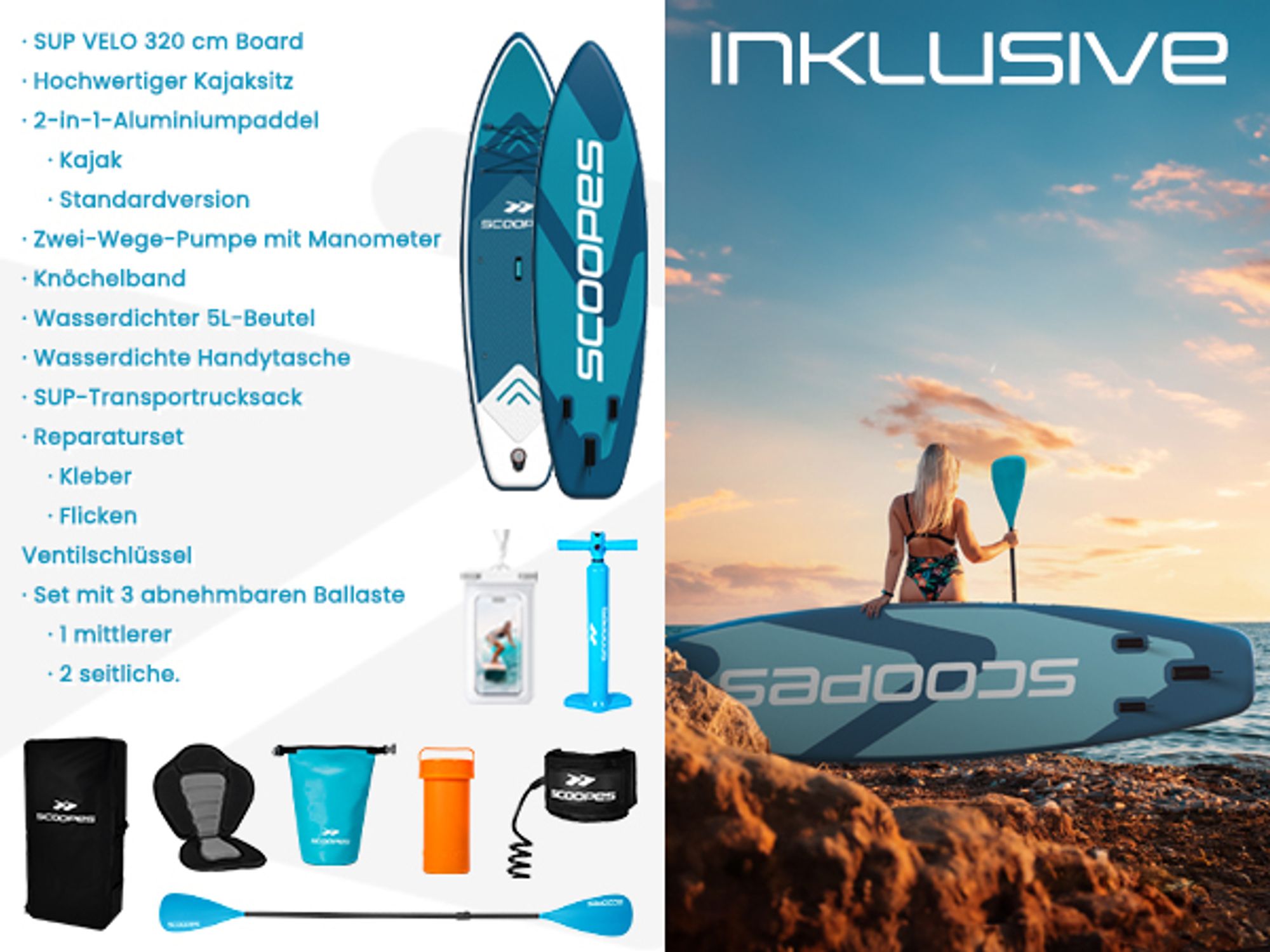 SUP Board Stand Up aufblasbar 320cm mit Sitz Kajak Set Paddel Pumpe Rucksack Komplettset Scoopes VELO Blau bis 150kg