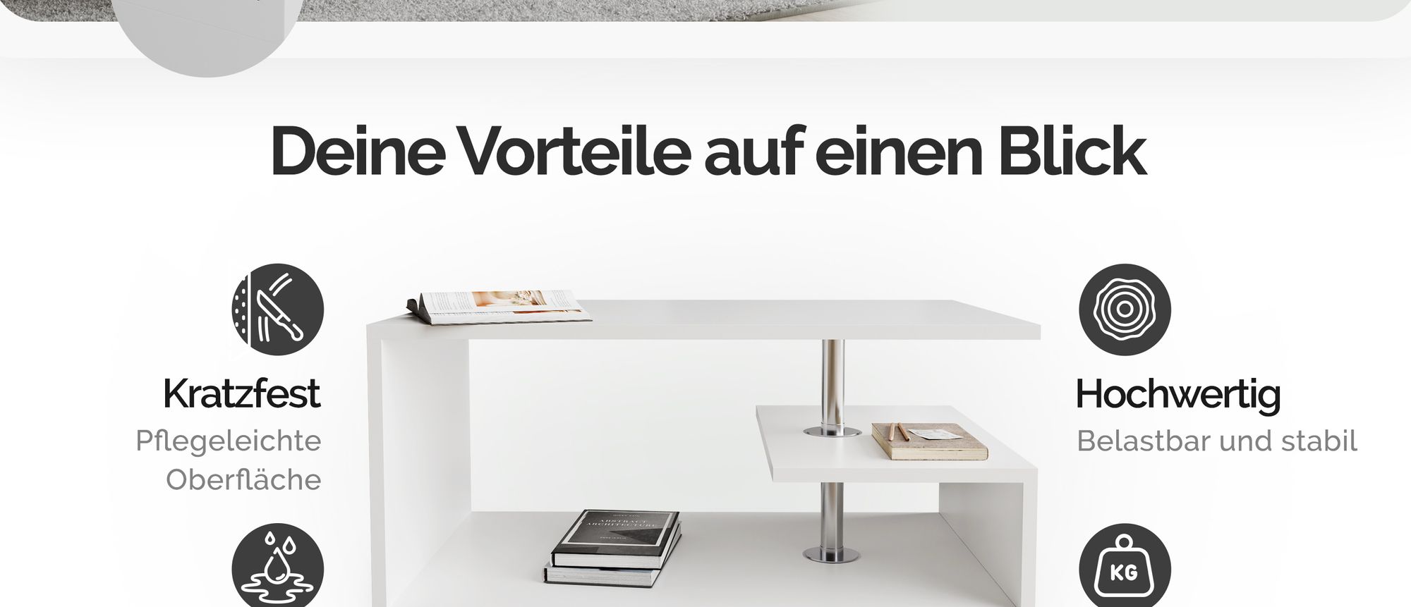 CASARIA® Couchtisch Weiß Holz mit Stauraum 95x55cm Edelstahl Füße Höhenverstellbar Ablage Modern Rechteckig Beistelltisch Wohnzimmer Couch Sofa Tisch