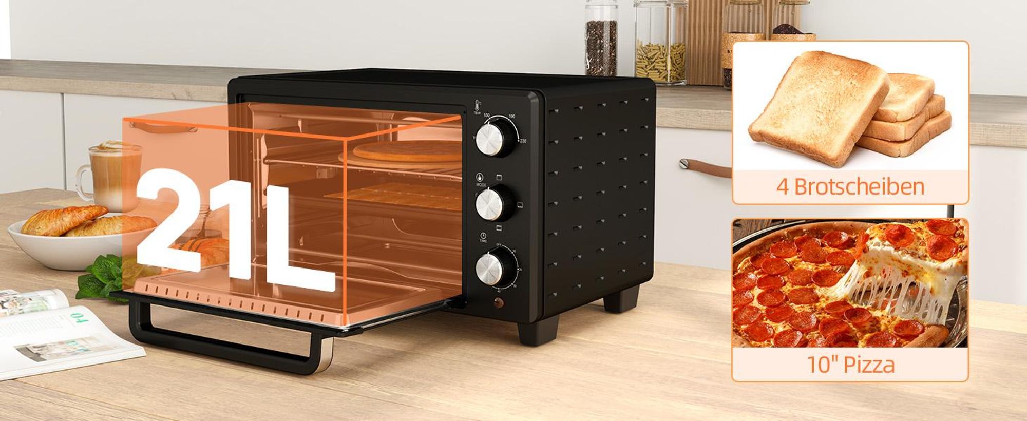 Homcom Minibackofen 32L 1600W Elektrischer Mini Ofen mit Schlackenauffangwanne Metall Edelstahl Glas Silber 52,2 x 38,1 x 33,5 cm, 32 l, Silber, Freistehend, Drehregler, 6 Scheibe(n), 100 - 230 °C